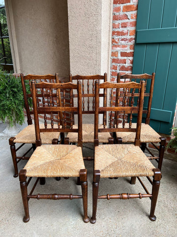Set 5 Vintage English Oak Dining Side Chairs Rush Seat Lancashire Spindle Back