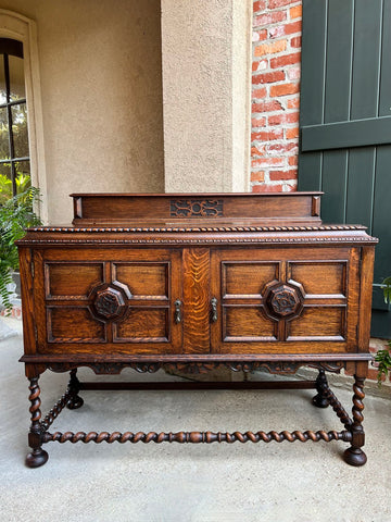 Antique English Sideboard Server Buffet BARLEY TWIST Carved Tiger Oak Jacobean