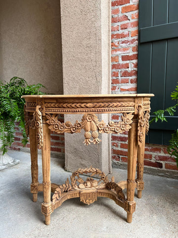 Antique French Louis XVI Console Table Foyer Demilune Carved Bleached Wood c1890