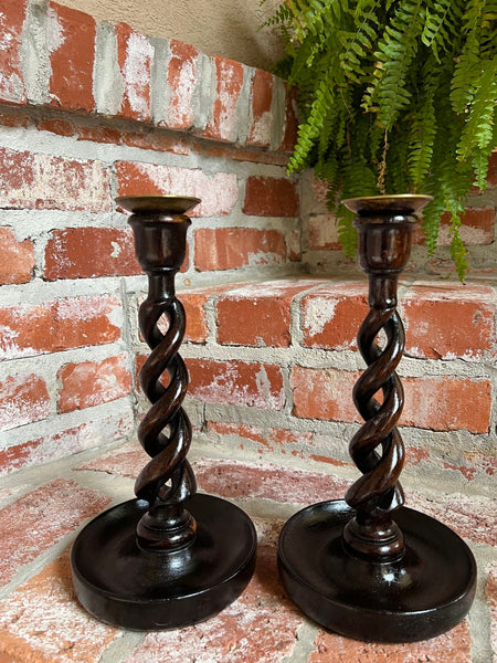 PAIR Set Antique English Oak OPEN Barley Twist Candlesticks Candle Holder Brass