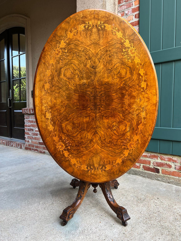 Antique English Center Breakfast Table Burl Walnut Tilt Top Inlaid Oval c1890