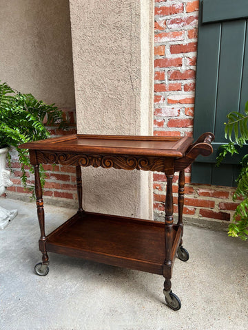 Antique English Tea Trolley Drinks Cart Serving Tray Dumbwaiter Table Carved Oak