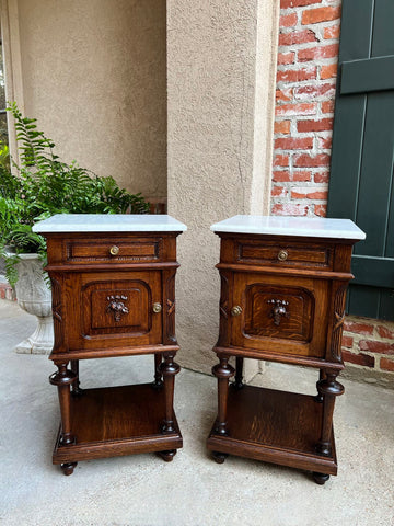 Pair Antique French End Table Cabinet White Marble Regency Carved Oak Nightstand