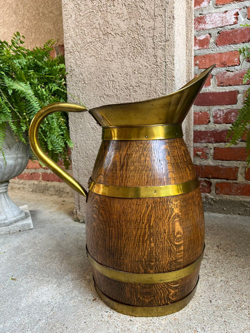 Antique Large French Country Oak Pitcher Brass Band Wine Barrel Umbrella Stand