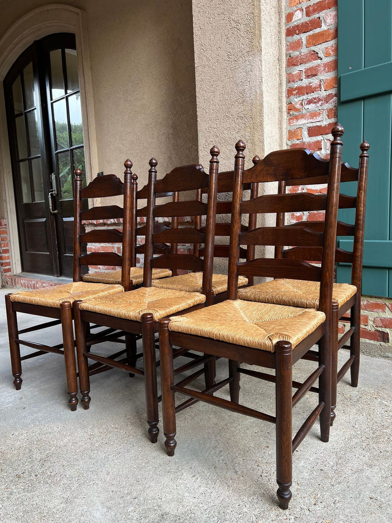 Vintage English Dining Chairs Set 6 Oak Ladder Back Rush Seat Woven