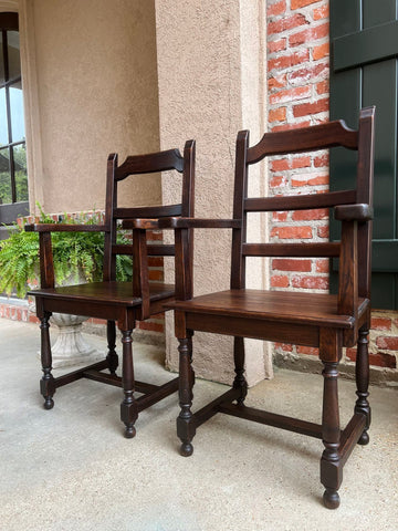 PAIR SET 2 Antique French Arm Dining Chair Ladder Back Carved Dark Oak