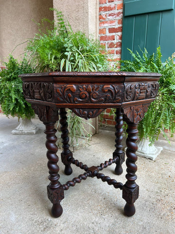 Antique French Octagon Sofa Table Carved Oak Barley Twist Louis XIII Renaissance