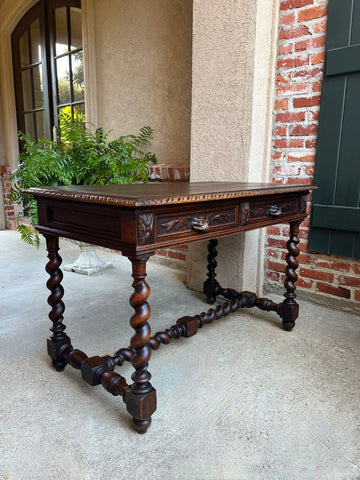 Antique French Sofa Table Writing Desk Barley Twist Carved Oak Renaissance