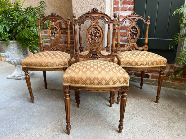 Set 4 Antique French Louis XVI Salon Chairs Petite Dining Parlor Carved Walnut