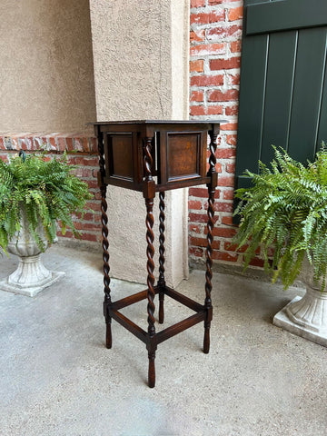 Tall Antique English Barley Twist Plant Stand Square Display Table Tiger Oak