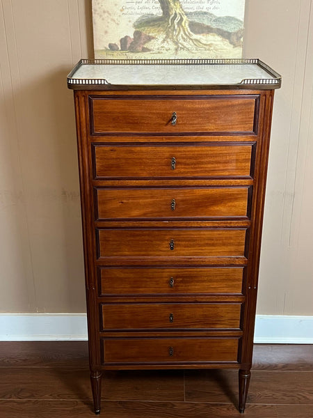 Antique French Chest of Drawers Semainier Louis XVI White Marble Mahogany c1900