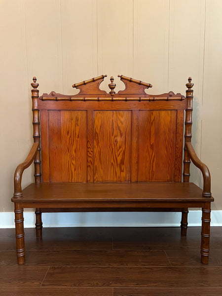 Antique English Faux Bamboo Pine Hall Bench Victorian High Back Settle c1890