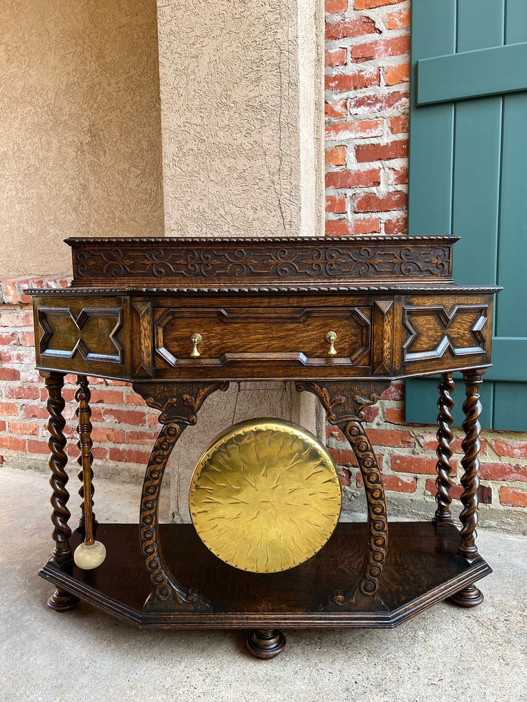 Antique English Console Hall Table Jacobean Carved Oak Barley Twist Gong c1880