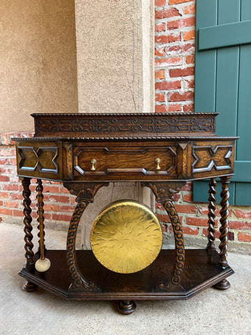 Antique English Console Hall Table Jacobean Carved Oak Barley Twist Gong c1880