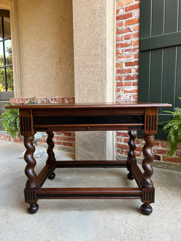 Antique English Sofa Side Table Barley Twist Ebonized Library Desk Carved Oak