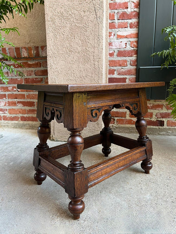 Antique English Oak Joint Stool Pegged Bench Side Table Carved Jacobean c1850