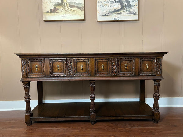 Antique English Dresser Base Sideboard Potboard Jacobean Carved Oak c1890