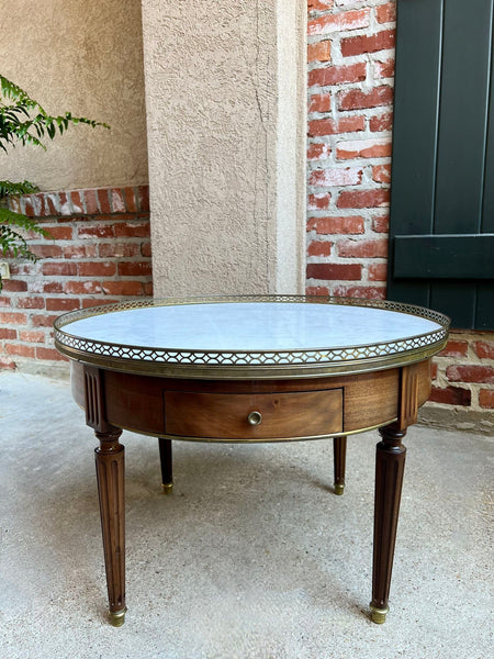 Antique French Round Bouillotte Side Table White Marble Louis XVI Style Gueridon