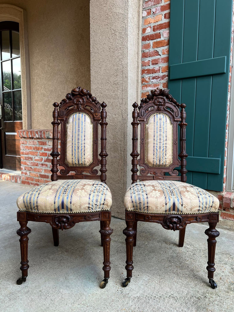 Pair Antique French Dining Chairs Renaissance Carved Oak Black Forest c1880