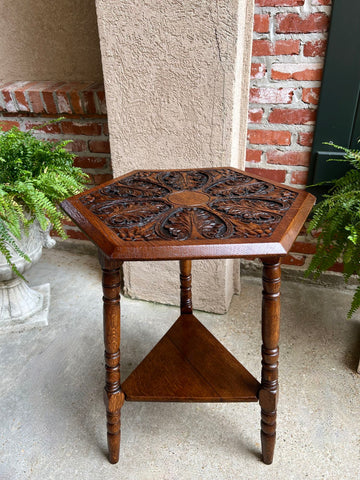 Antique English Cricket Table Hexagon Carved Oak End Side Table Arts and Crafts