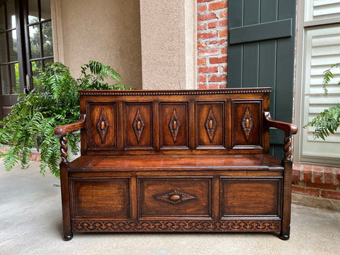 Antique English Hall Bench Carved Oak Barley Twist Jacobean Lift Top Settee