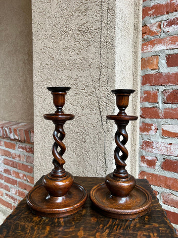 Antique English Oak OPEN Barley Twist Candlesticks Jacobean Pair c1890 11.0”