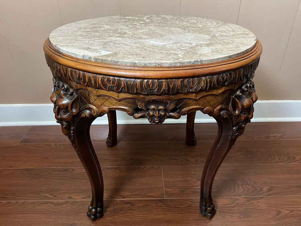 Antique French Renaissance Revival Center Table Round Marble Carved Walnut c1900