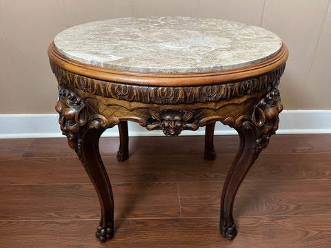 Antique French Renaissance Revival Center Table Round Marble Carved Walnut c1900