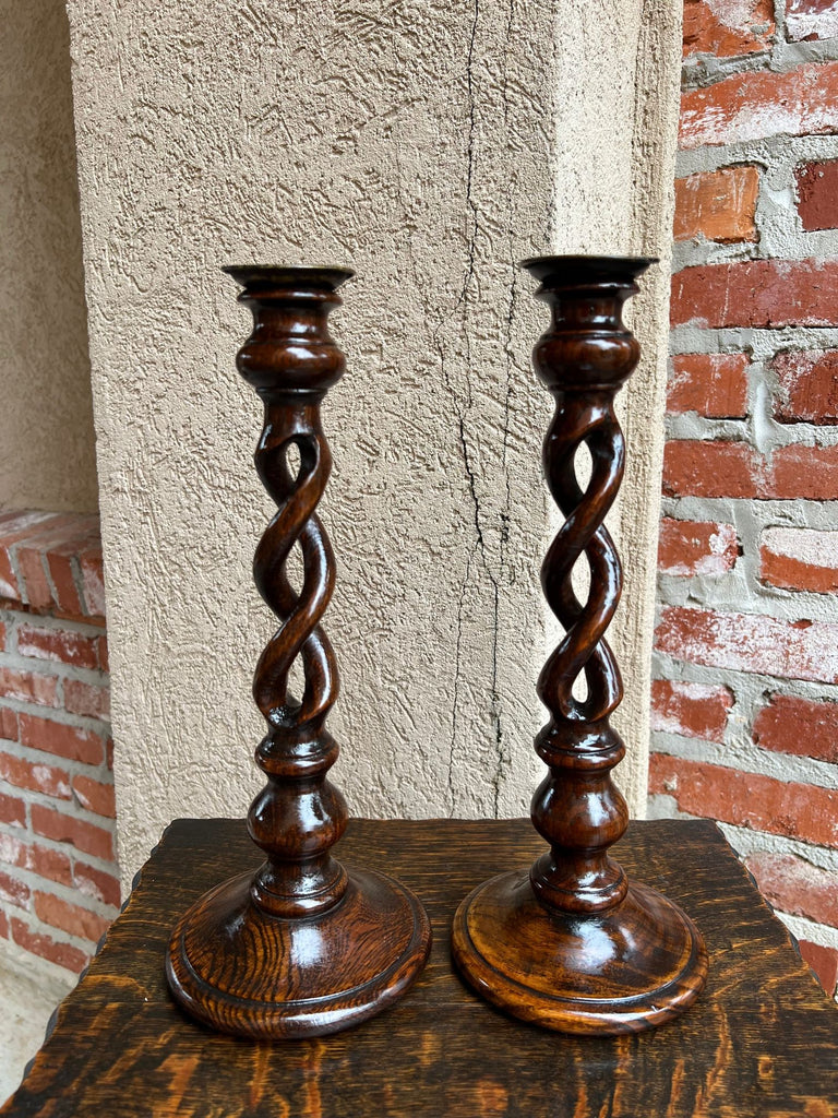 Antique English Oak OPEN Barley Twist Candlesticks Jacobean Pair c1860 12.5”