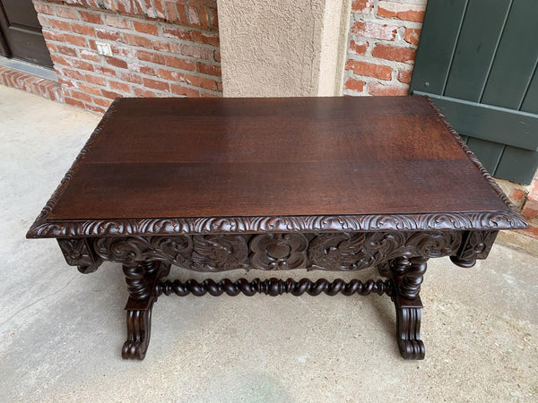 Antique French Console Sofa Table Carved Oak Barley Twist Desk Renaissance c1890