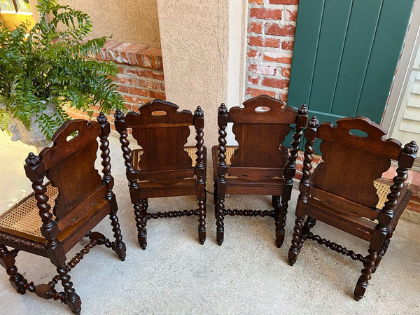 Set 4 Antique French Dining Chairs Barley Twist Cane Seat Carved Oak c1920