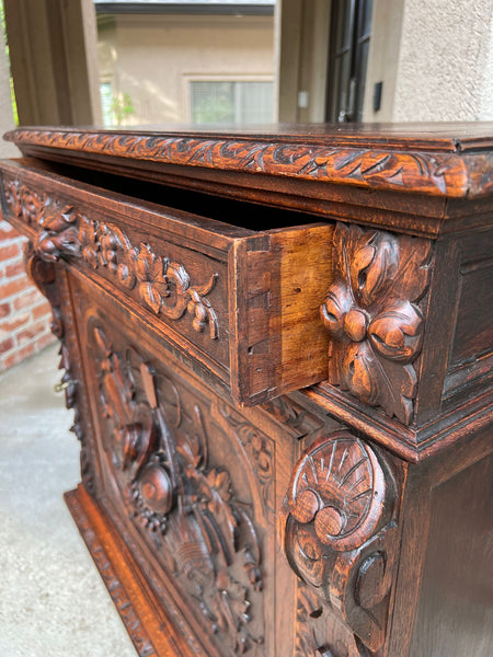 Antique French Wine Cabinet Sideboard Renaissance Revival Carved Oak c1890
