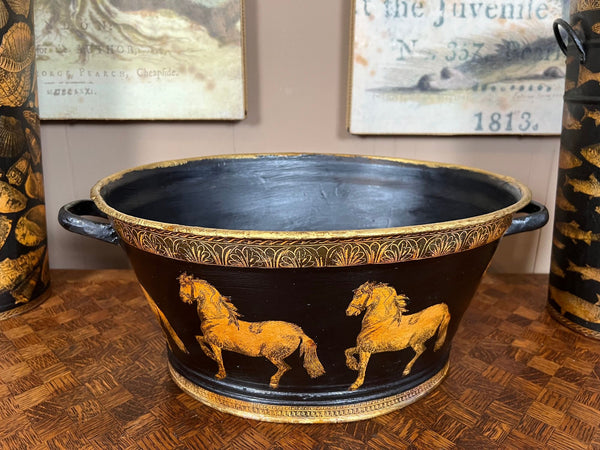 Antique English Planter Jardiniere Horse Equine Black Decoupage Tole Metal c1900
