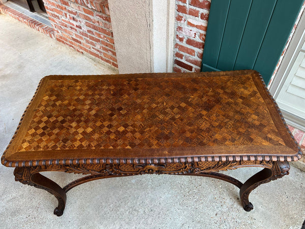 Antique French Center Library Table Louis XV Carved Oak Rococo Parquetry c1890