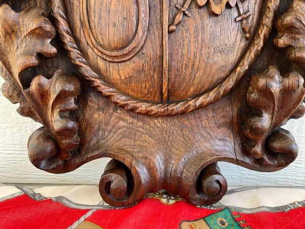 Antique French Gothic Wall Plaque Coat of Arms Carved Oak Renaissance c1890