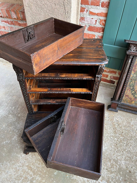 Antique French Gothic Devotional Cabinet Religious Painting Carved Oak Kneeler