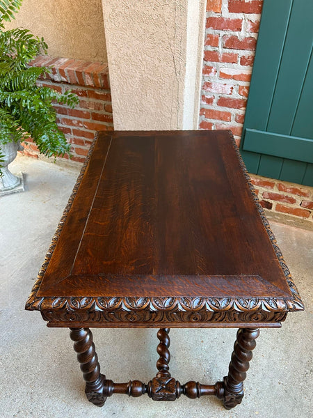 Antique French Sofa Table Writing Desk Barley Twist Carved Oak Renaissance