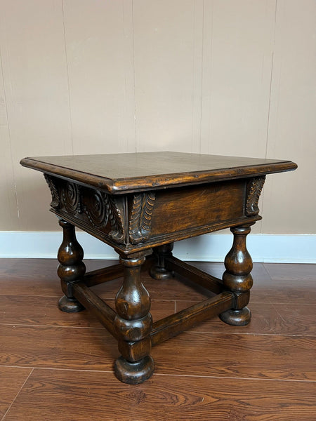 Antique English Side End Table Small Square Carved Oak Jacobean Revival c1910