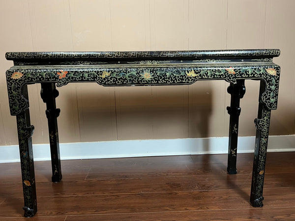 Vintage Chinese Console Table Black Lacquer Chinoiserie Gilt Hand Painted c1950