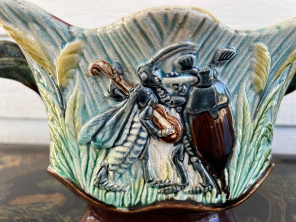 PAIR Antique French Majolica Jardinières Insect Musician Cache Pot Planter c1880
