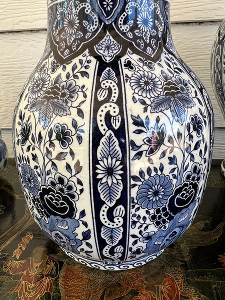 Vintage Large Delft Trumpet Vase Blue and White Floral Boch Royal Sphinx Urn