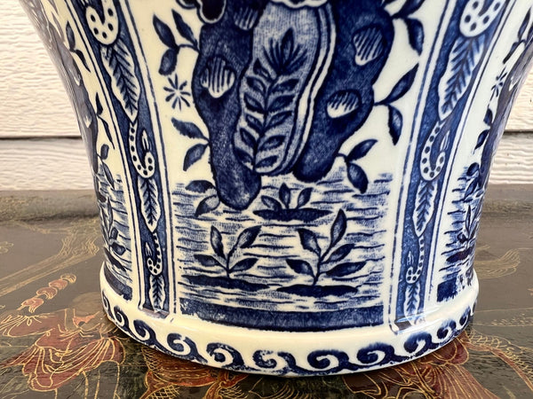 Vintage Large Delft Ginger Jar Vase Blue & White Floral Royal Sphinx Lidded Urn