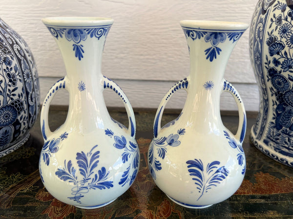 PAIR Petite Vintage Delft Vases Blue & White Windmilll Hand Painted Bud Vases