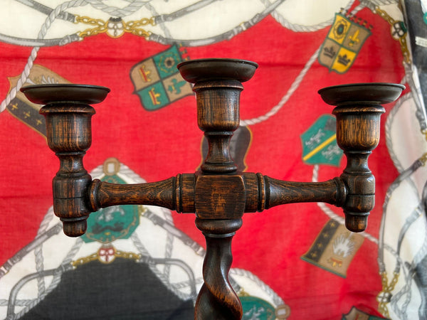 PAIR Antique English Oak Barley Twist Candlesticks Candelabras Candle Holders