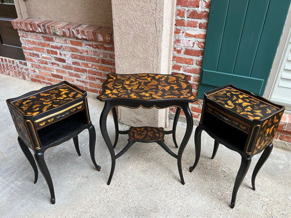 Vintage French Side Table Chinoiserie Butterfly Black Lacquer Hollywood Regency