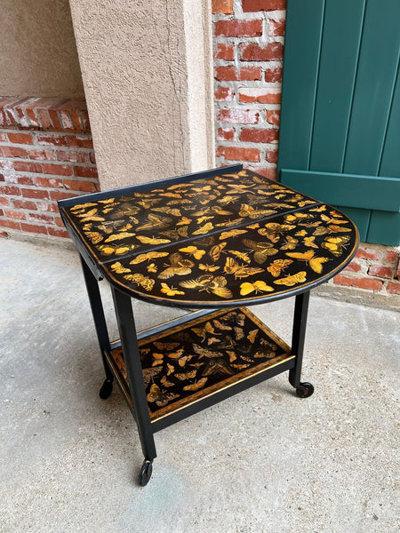 Vintage English Bar Cart Trolley Drop Leaf Chinoiserie Butterfly Lacquer Table