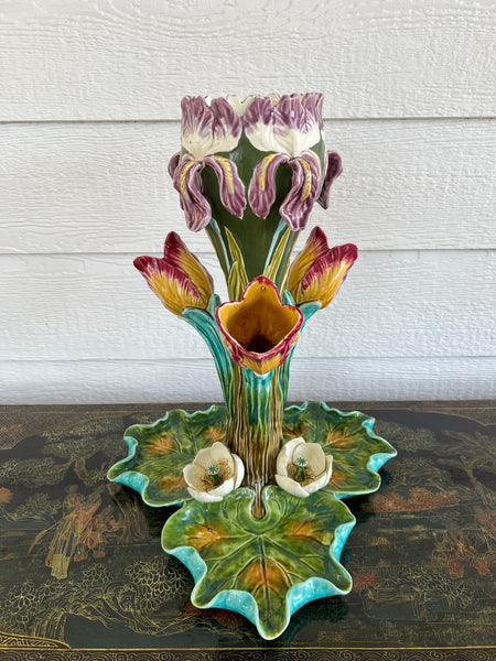 Antique French Majolica Vase Centerpiece Onnaing Art Nouveau Iris Tulip c1900