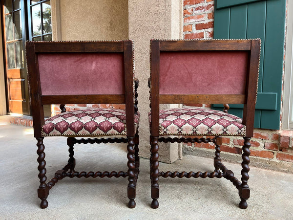 Pair SET Antique French Arm Chair Barley Twist Oak Renaissance Lion Fleur De Lis