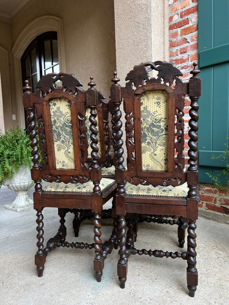 Set 4 Antique French Dining Chair Barley Twist Renaissance Carved Oak Green 1900