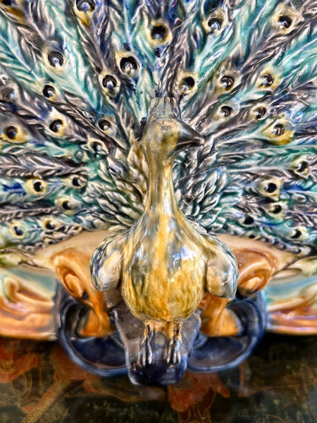 Antique French Majolica Jardinière Planter Peacock Onnaing Large Cache Pot c1880